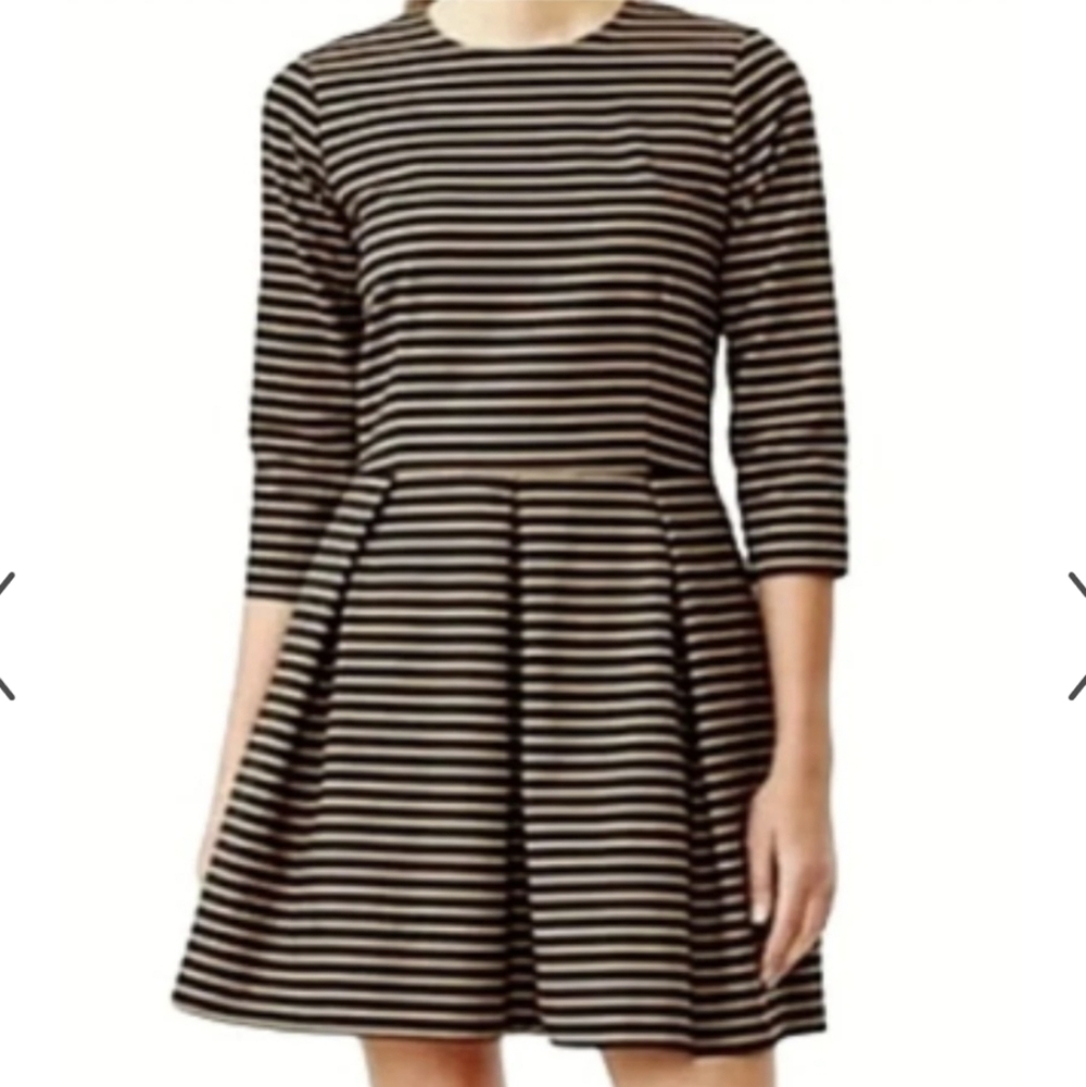 GAP Striped Pleated Fit & Flare Dress w/ Pockets in Black and Tan